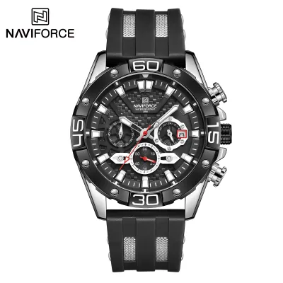 NAVIFORCE NF8019T Mens Watches TPU band Fashion Sport Quartz Watches Man Watch Chronograph Waterproof - Black Silver